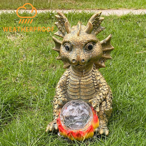 LCKFTY 7-Color Solar Garden Statue Dragon Figurine with Changing Solar Crackle Globe Lights- Loving Dragon