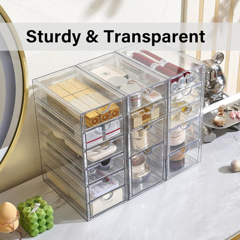 Prsildan Acrylic Drawer Organizer Set of 3 with 15 Drawers, Clear Stackable Storage for Makeup, Jewelry, Office