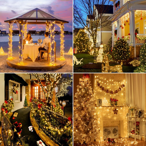 196FT 600 8 LED Christmas Lights Outdoor Waterproof, Timer & Memory Function, Modes Warm White String Lights Plug