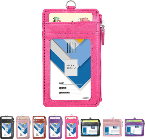 Badge Holder with Zip, Wisdompro Double Sided PU Leather ID Card Holder Wallet Case with 5 Card Slots, Hot Pink