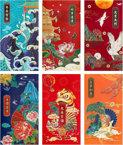 Chinese New Year Red Envelopes, 6 Design Foil Gold Red Packet for Spring Festival, 36 Pack
