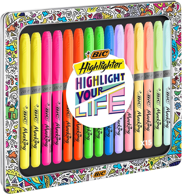 Bic Highlighter Collection Box, Assorted Intense and Pastel Colors, Convenient Metal Gift Box, Pack of 15
