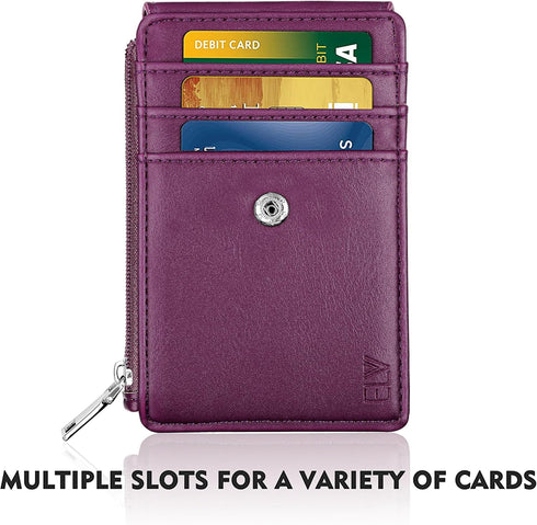 ELV PU Leather ID Badge Holder with Zipper, 5 Card Slots, RFID Blocking Pocket, 20 inch Neck Lanyard, Purple