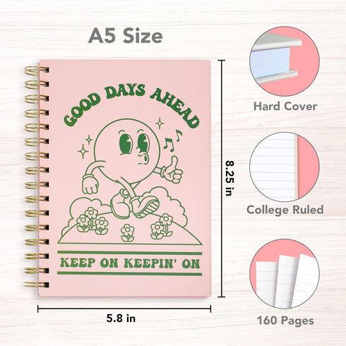 Pink Green Aesthetic Hardcover Notebooks for Work, A5 size 5.8 x 8.3 inch, Cute Notebooks for School 4 Pack, Retro Notebooks College Ruled, Cute Spiral Journal for Women, Kids Back to School Notebook by THiNKABLE