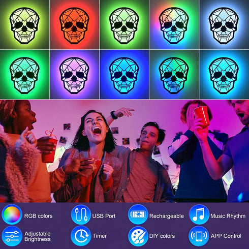 Battery Wall Lamp with RGB Color and Changing APP, Magnetic Cordless Skull Wall Sconces with Music Rhythm, Modern Smart