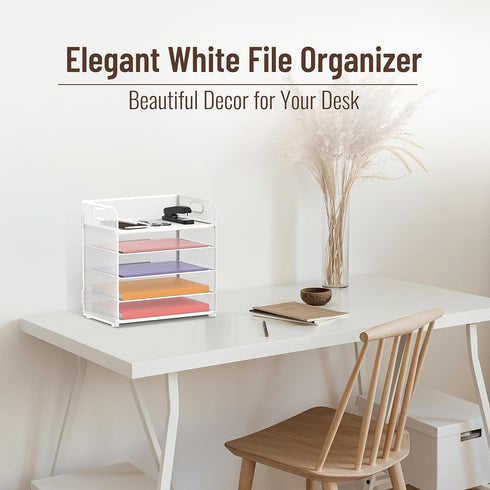 Supeasy 5 Trays Paper Organizer with Handle, Mesh Desk File Organizer, White Paper Sorter for Office, Home, or School