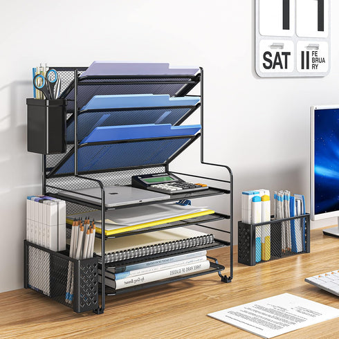 Simple Trending 7 Tier Desk File Organizer, Letter Tray Paper Organizer with Pen Holder and Metal Hanging Basket (Black)