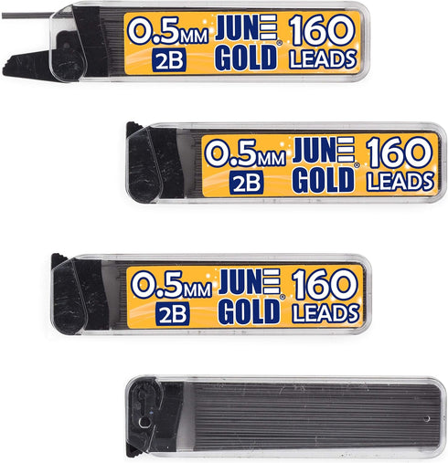 June Gold 640 Pieces, 0.5 mm 2B Lead Refills - 160 Pieces Per Dispenser, Fine Thickness, Break Resistant
