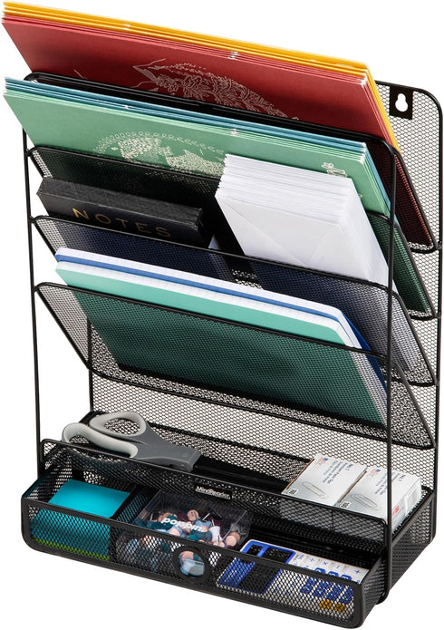 Mind Reader 4-Tier Vertical File Storage, Desktop Organizer, Wall Mount, Metal Mesh, 12.5" L x 4" W x 16.5" H, Black