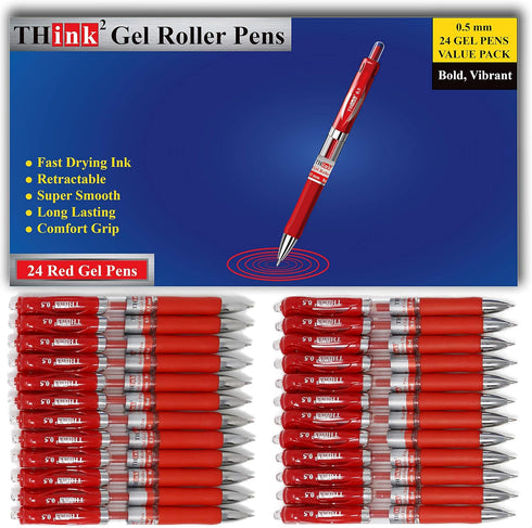 Think2 Retractable Gel Pens - 24 Red Ink Fine Point (0.5mm) Rollerball Pens with Comfort Grip