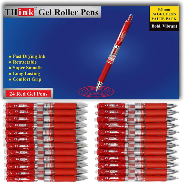 Think2 Retractable Gel Pens - 24 Red Ink Fine Point (0.5mm) Rollerball Pens with Comfort Grip