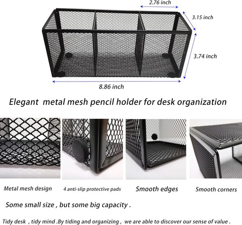 Black Mesh Pencil Holder, Metal Mesh Desk Organize for Pens, Kitchen Utensil Desk Storage,3 Compartments, Small Elegant Office Desk Supplies Organizer, 8.86 x 3.15 x3 .74 inch, Black by WenkeDigi