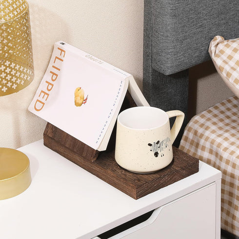 LETUBUYU Wooden Triangle Bookmark with Drink Holder, Night Stand Book Holder, Recipe Holder, Brown Wood Rest