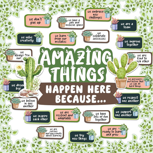 Decorably 53 Pcs Cactus Bulletin Board Decorations Set with Borders - Plant and Succulent Decor for Classroom