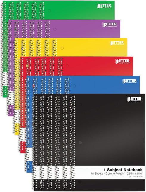 Better Office Products 24 Pack Spiral Notebooks, 1-Subject, College Rule, 70 Sheet, 8 x 10.5 inches, Assorted Colors