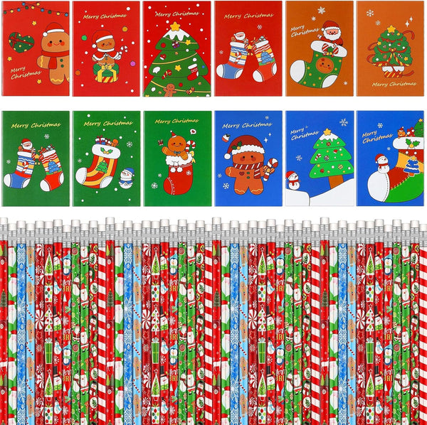 Yexiya 72 Pcs Christmas Notebooks and Pencils Bulk Set, Holiday Small Notebooks and Wooden Pencils