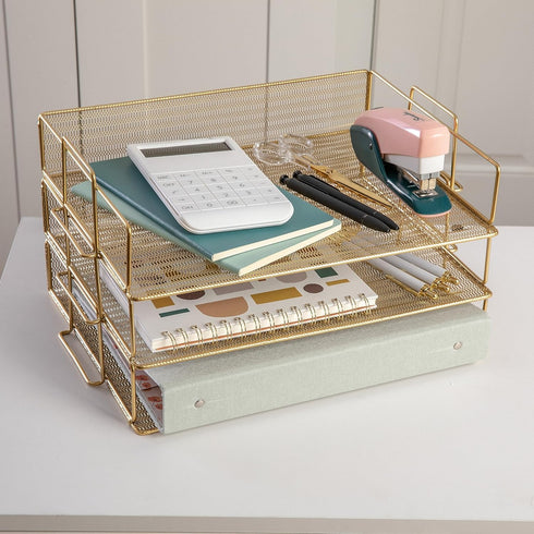 Martha Stewart Ryder 3 Tier Desk Letter Tray Organizer, Stackable Steel Mesh Inbox Tray for Files and Papers (Gold)