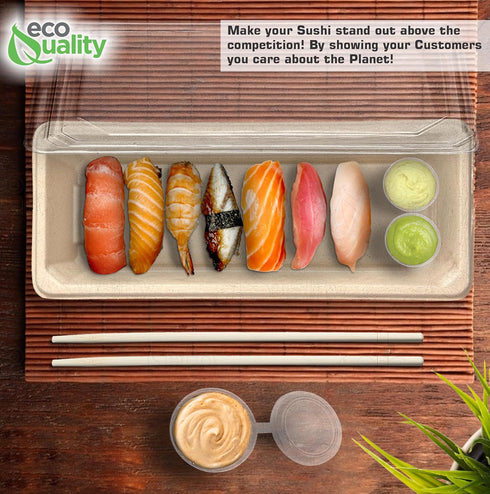 (100) EcoQuality Small Compostable Sushi Trays with Lids - Natural Sugarcane Bagasse Take Out Sushi Container