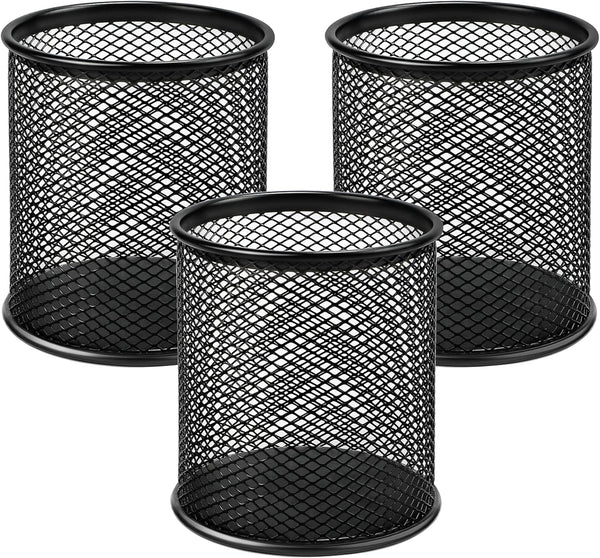 MaxGear Pen Holder, 3 Pack Pencil Holder for Desk, Premium Mesh Metal Organizer, Black, 3.7’’ Tall