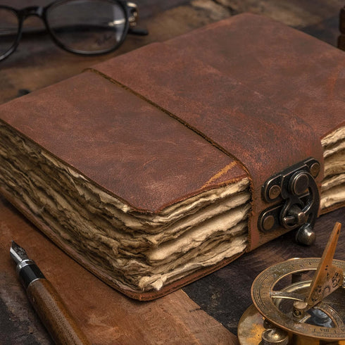 NomadCraftsCo. Vintage Leather Journal, Lock Closure, 240 Pages Antique Deckle Edge Paper for Grimoire