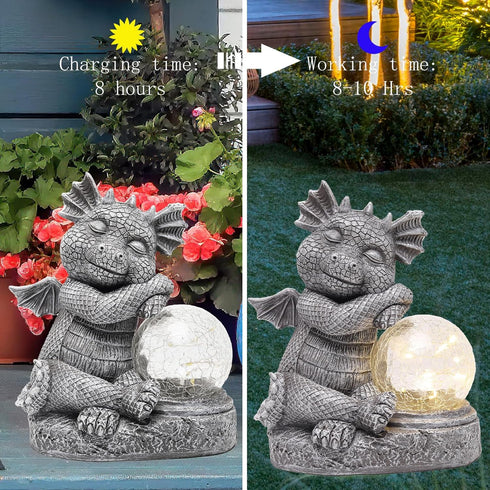 Garden Outdoor Dragon Statue Holding Solar Magic Orb LED Light Resin Adorable Baby Dragon Figurines for Patio Balcony