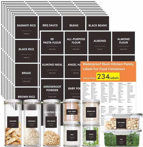 Hebayy 234 Minimalist Kitchen Food Labels, 216 Preprinted Stickers for Pantry Containers, Waterproof, No Residue