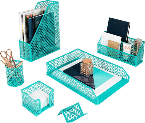 BLU MONACO 6 Piece Dark Teal Desk Organizer Set - Teal Desk Accessories for Women, Desktop Organization