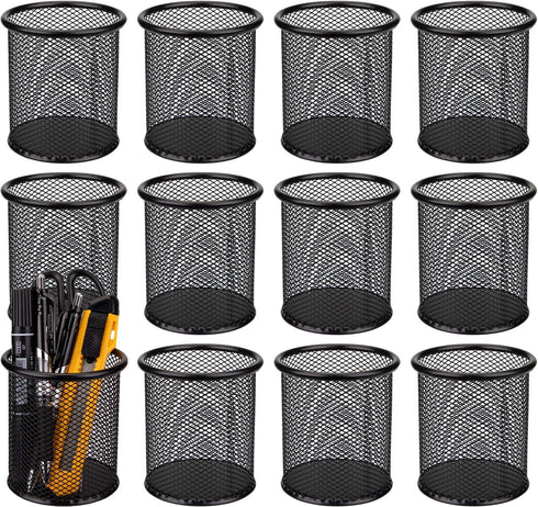 Nicunom 12 Pack Metal Mesh Pen Holder, Round Pencil Cup for Desk Organizer, Black