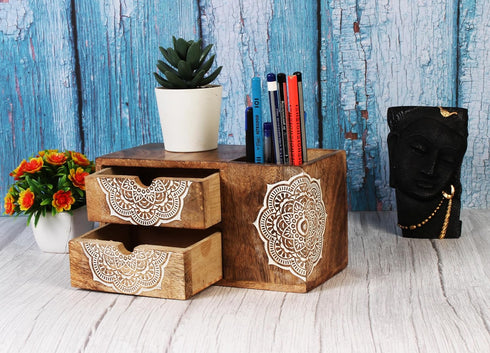 Wooden Hand Carved Desk Organizer, Pencil Pen Stationery Holder with 2 Drawers for Home Office