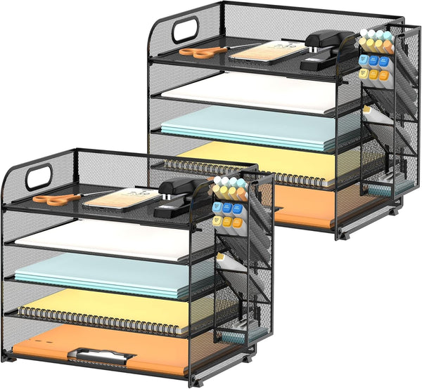SUPEASY 2 Pack 5 Tier Desk Organizer - Mesh Paper/File Organizer with Handle & Removable Pen Holders