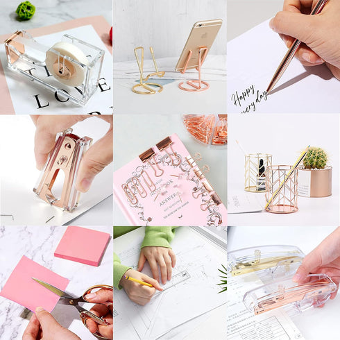 Rose Gold Office Supplies Set, Acrylic Stapler, Tape Holder, Scissors, Phone Holder, Ruler, 300 Notes & More