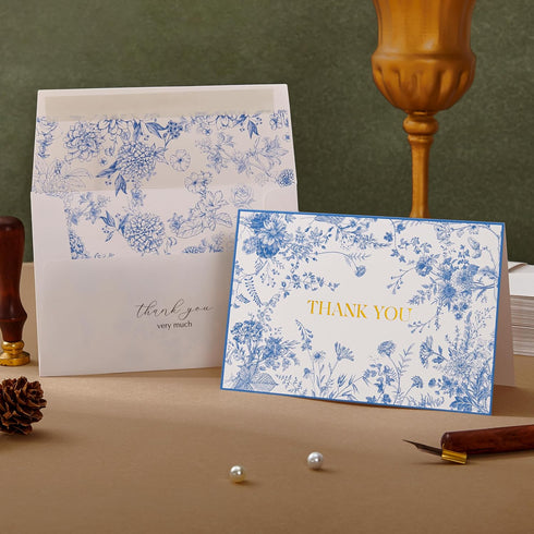 50 Pack Crisky Blue Floral Thank You Cards Gold Foil Greeting Notes Bulk with Envelopes & Stickers for Birthday, Baby
