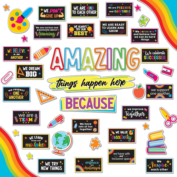 Decorably 49 Pcs Bulletin Board Decorations for Elementary - Amazing Things Happen Here with Borders