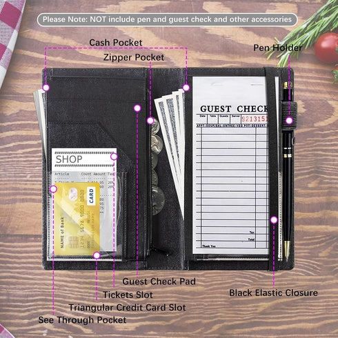 RMJKXQZG Server Book Leather Waiter Book Server Wallet Zipper Waitstaff Organizer Guest Check Presenter Zipper Pocket