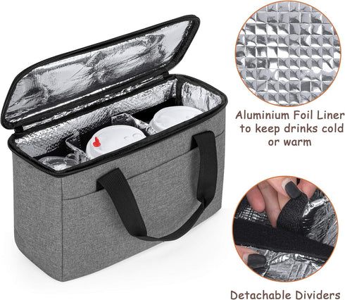Trunab Reusable 3 Cups Drink Carrier for Delivery with Adjustable Dividers, Insulated Drink Caddy Holder Bag for Take