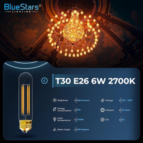 6-Pack T10 Bulbs T30 E26 6W 5.0in 2700K 60W DIMMABLE, 660 BlueStars Tubular LED Light Medium Base, Warm White