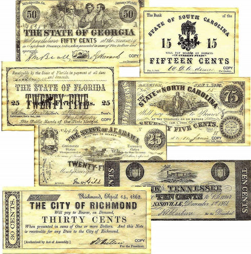 Historical Documents Set: 25 (Set Set Confederate Currency Replica Notes A, B, C, & D) - Civil War Era Currency Replica