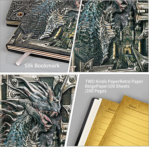 DND Dragon Notebook - 3D Embossed Leather Journal with Black Ballpoint Pen & Sleeve, A5 Vintage Travel Diary
