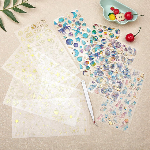 OLYCRAFT 8 Sheets 3D Star & Moon Stickers - Colorful Planet, Star & Cat Decals for Scrapbook, Journal