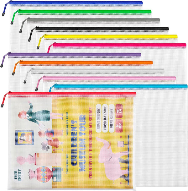 JARLINK A3 Mesh Zipper Pouch, 12 Pcs Extra Large Zipper Bags, 12 Colors Waterproof File Pouches for Office Supplies,