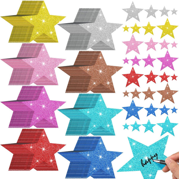 Ctosree 256 Pieces Glitter Star Cutouts for Bulletin Board Classroom Decorations, Multi Colors, 4 Assorted Sizes