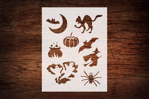 Reusable Halloween Theme Stencil 8.5" x 11" - Bat, Cat, Pumpkin, Witch Design for Spooky Crafts