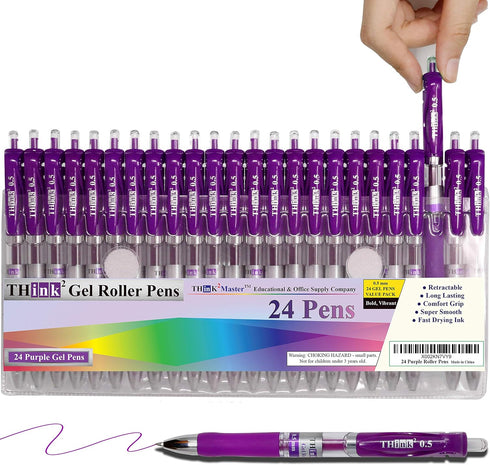 THINK2MASTER Retractable Gel Pens, 24 Pens - Purple Ink, Fine Point (0.5mm) Rollerball Pens with Comfort Grip