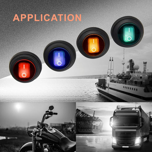 APIELE Waterproof Round Rocker Toggle Switch 2 Position DC 12V 20A ON-Off with LED Light SPST, 4Pcs KCD1-8-101NW (Four