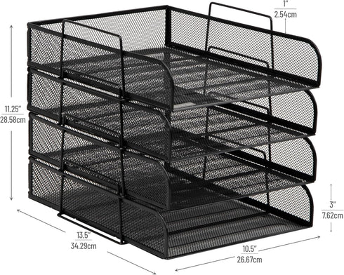 Mind Reader Stackable Paper Tray, 4 Pcs Desktop Organizer, Metal Mesh File Storage, 10.5" L x 13.5" W x 11.25" H, Black