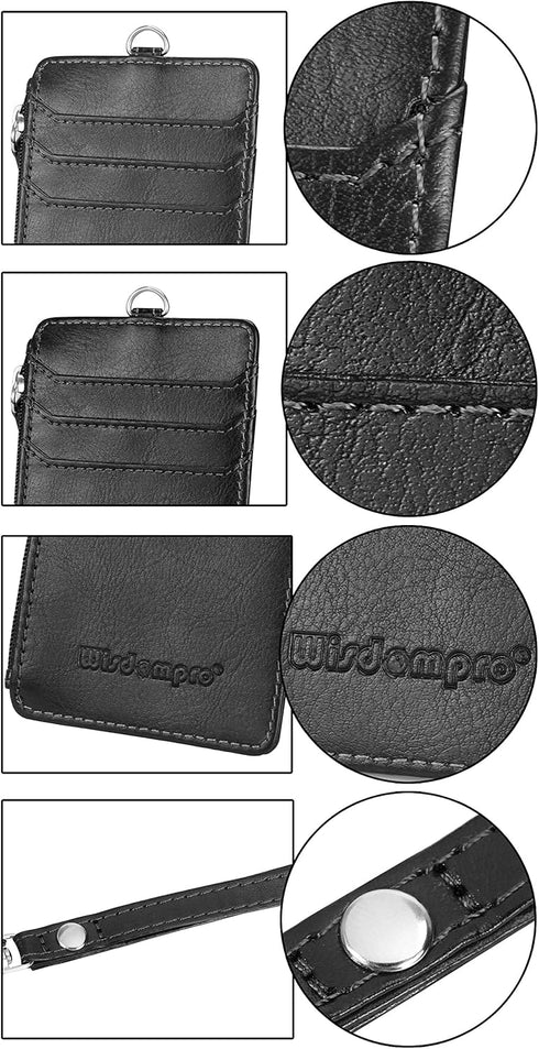 Wisdompro Badge Holder with Zipper, 2-Sided PU Leather College ID Holder, 1 ID Window, 4 Card Slots, Black