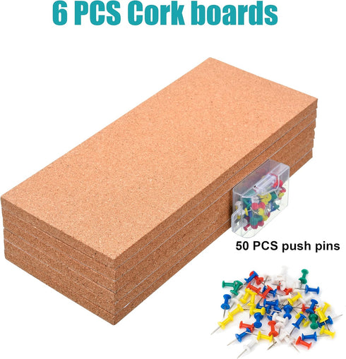 SUNGIFT Cork Bulletin Board 1/2" Thick 6 Pack Frameless Cork Tiles 17 x 8 Inch with 50 PCS Pushpins