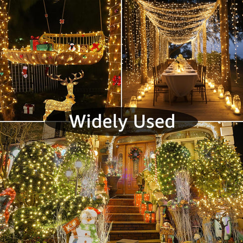 196FT 600 8 LED Christmas Lights Outdoor Waterproof, Timer & Memory Function, Modes Warm White String Lights Plug
