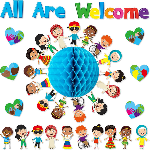 BeYumi 75PCS Student Diversity Bulletin Board Set, All are Welcome Hearts Cutouts for Classroom Decoration
