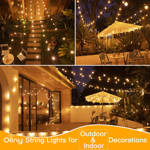 Ollny 25FT Outdoor String Lights - Waterproof Connectable Shatterproof Lights with 13 Edison + 1 Spare LED Bulbs